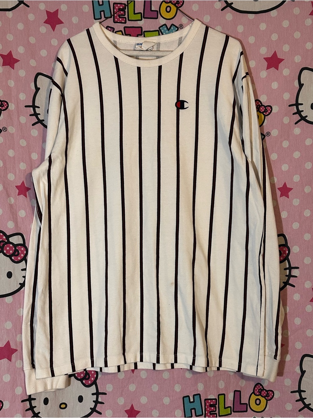 (5/$25 OR 3/$17) Champion White Long Sleeve Tee with Black Pinstripes
